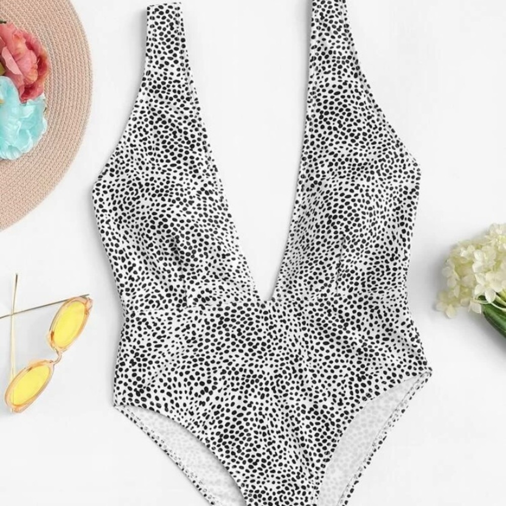 Dalmatian print plunging one piece swimsuit